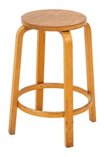 Alvar Aalto for ICF Maple Model 60 Stool: Alvar Aalto for ICF Maple Model 60 Stool, on four bentwood legs conjoined by circular stretchers, with "ICF / Made in Finland" label to the underside. 26.5" H x 16.5" Diameter. Provenance: From a 35 E