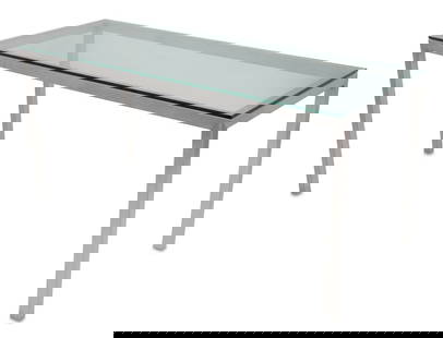 Mid-Century Modern Chrome and Glass Console Table: Mid-Century Modern Chrome and Glass Top Console Table, on four supports, unmarked. 28.75" H x 60.25" W x 24" D. Provenance: From a New York City Collection. Keywords: Modern Furniture, Clear
