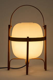 Santa & Cole "Cestita" Table Lamp: Santa & Cole "Cestita" Table Lamp, with opaque white glass shade in wood frame with swing handle. 22" H x 13.5" Diameter. Provenance: From a West 12th Street Estate. Keywords: Designer, Lighting,