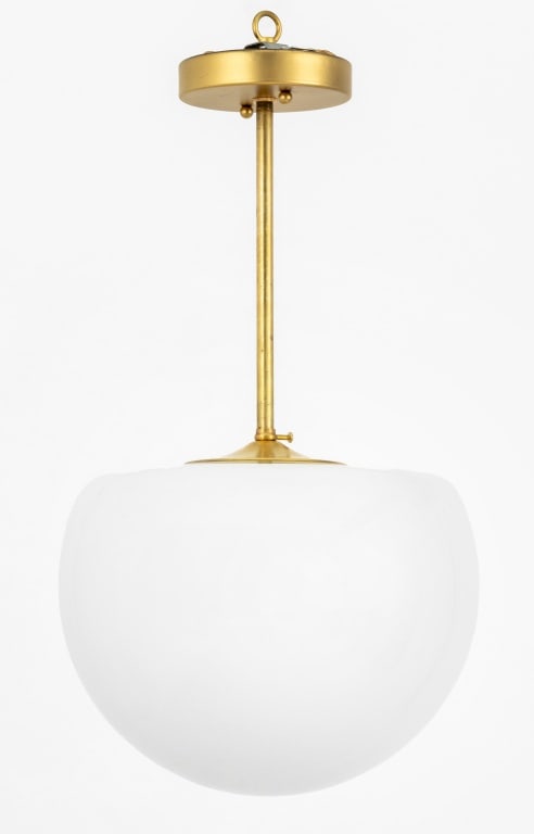 Mid-Century Modern Style Glass Dome Pendant Lamp: Mid-Century Modern Style Glass Dome Pendant Lamp, opaque white glass with gold-tone hardware. 21" H x 11" Diameter. Provenance: From a New York City Collection. Keywords: Lighting, Chandelier, Hanging