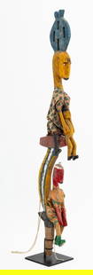Bamana Polychromed Figural Group Marionette Puppet: Bamana Polychrome Painted and Carved Wood Figural Group Articulated Marionette Puppet, three adjustable figures on fitted stand. Overall: 42.5" H x 6" W x 9" D. Provenance: From a 60 East End Avenue E