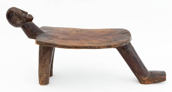 African Lobi Figural Carved Wood Tripod Stool: African Lobi Figural Carved Wood Tripod Stool. 11.5" H x 25" W x 8" D. Provenance: From a 60 East End Avenue Estate. Keywords: African Arts, Ghana, Burkina Faso, Carving, Statue, Sculpture,