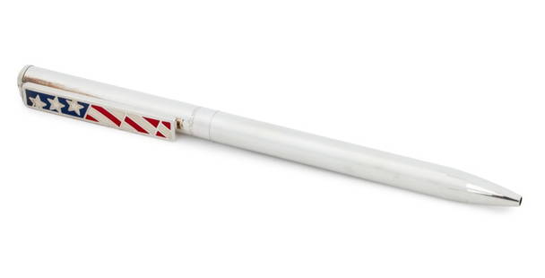Tiffany & Co. Sterling Silver USA Ballpoint Pen: Tiffany and Company Sterling Silver Cap and Barrel USA Patriotic Ballpoint Pen, brightly polished with a Stars & Stripes decoration on the clip, marked: "(C) TIFFANY & CO. 925 U.S.A" (pen) "US PAT. NO