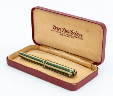 Salz Brothers Peter Pan 14K Gold Nib Fountain Pen: Salz Brothers Peter Pan Deluxe 14K Gold Nib Fountain Pen, in green and cream resin case mounted with clear rhinestones, marked "Peter Pan / 14K", with original burgundy case. 3.25" L. Provenance: From