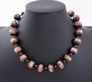 Venetian Floral Black Glass Beaded Necklace