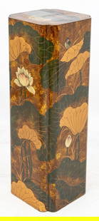 Chinese Birds & Lotus Flowers Lacquered Pedestal: Chinese Birds and Lotus Flowers Motif Polychrome Lacquered Pedestal. 42.25" H x 15" W x 15" D. Provenance: From a New York City Collection. Keywords: Asian Arts, Vintage Furniture, Hand-painted, Flora