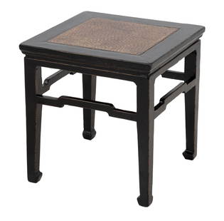 Chinese Lacquered Wood Side Table: Chinese Black Lacquered Wood Side Table, with inset woven top. 20.25" H x 19.25" W x 19" D. Provenance: From a West 12th Street Estate. Keywords: Asian Arts, Antique Furniture, Carving, End table, Sto