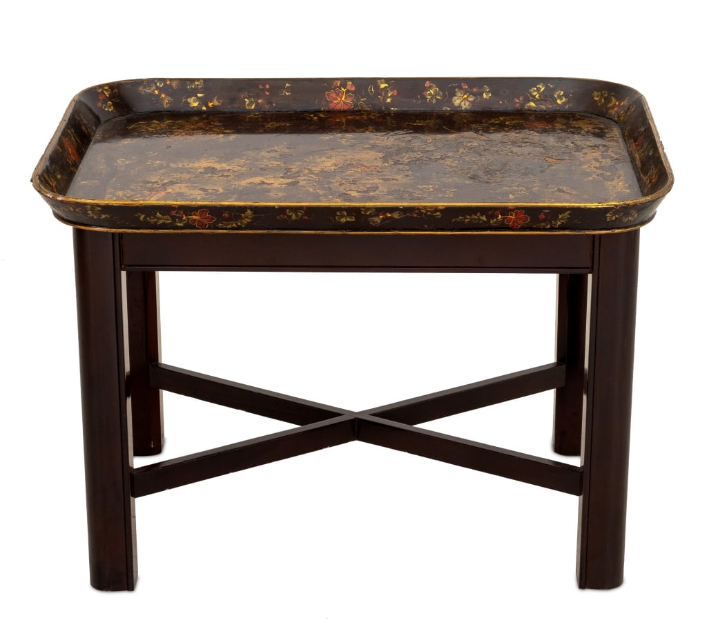Tole Peinte Floral Motif Tray Table: Tole Peinte Floral Motif Tray Table, with gilt floral decoration. 20.5" H x 29.5" W x 22" D. Provenance: From a 333 East 75th Street Estate. Keywords: Antique Furniture, Coffee table, Accent table, Oc