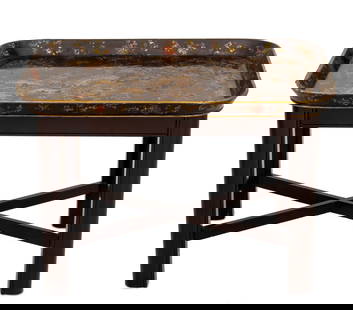 Tole Peinte Floral Motif Tray Table: Tole Peinte Floral Motif Tray Table, with gilt floral decoration. 20.5" H x 29.5" W x 22" D. Provenance: From a 333 East 75th Street Estate. Keywords: Antique Furniture, Coffee table, Accent table, Oc