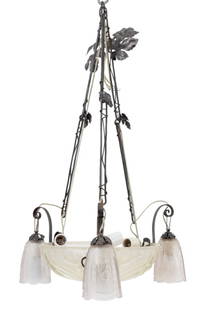 French Art Deco 3-Branch Glass & Metal Chandelier: French Art Deco Three-Branch Pressed Glass and Metal Chandelier, with scroll form arms and leaf form accents. 35" H x 21" Diameter. Provenance: From a New York City Collection. Keywords: Vintage Light