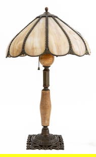 Arts and Crafts Slag Glass and Marble Lamp: Arts and Crafts Slag Glass and Marble Table Lamp, with patinated brass and marble stand, floral motif and slag glass shade. 23" H x 13.75" Diameter. Provenance: From a 35 East 75th Street Estate. Keyw