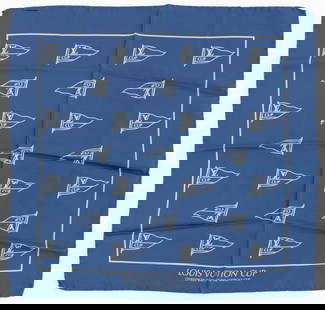 Louis Vuitton America's Cup Blue Neck Scarf: Louis Vuitton America's Cup Blue Neck Scarf, with "XL Cup" flag pattern, marked "Louis Vuitton Cup / Challenger Races for the America's Cup". 16.5" L x 16.75" W. Provenance: From a New York City Colle