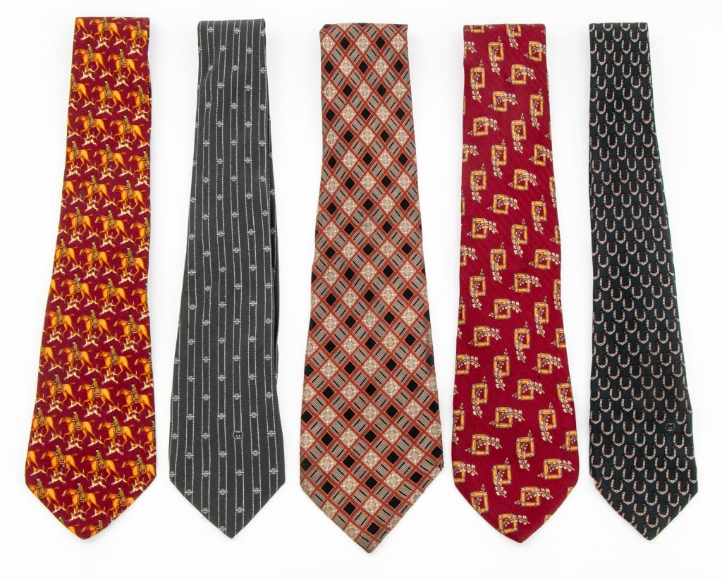Gucci, Valentino, Etc. Designer Silk Ties, 5: Group of Five Designer Silk Ties, comprising: two Gucci ties, one Salvatore Ferragamo, Givenchy, and Valentino ties, all labeled. 56.5" L. Provenance: From a New York City Collection. Keywords: Men's