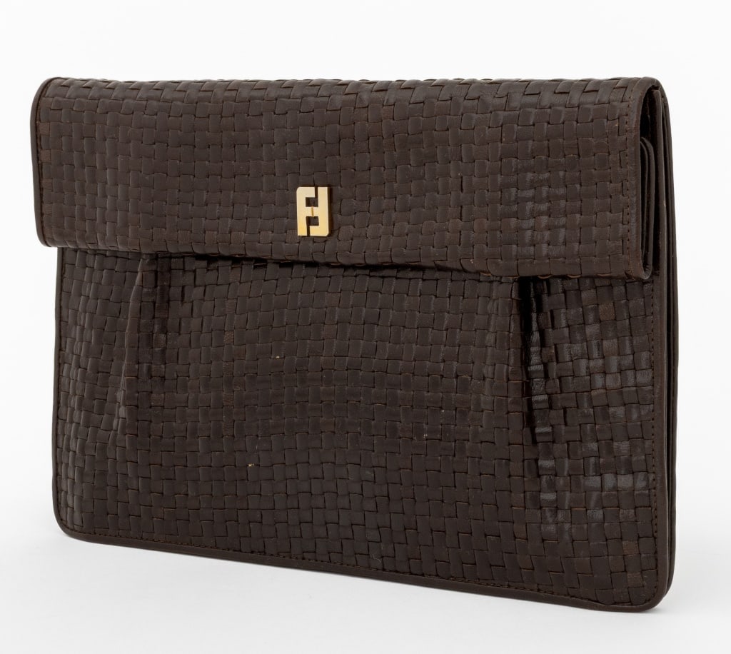 Fendi Woven Brown Leather Clutch Bag: Fendi Woven Brown Leather Clutch Bag, gold-tone hardware, double-F logo to front, clutch strap to reverse, cloth label "Bergdorf Goodman" and marked "Fendi S.A.S / Roma Made in Italy" to interior zipp