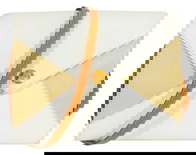 Fendi Two-Tone Leather Envelope Handbag: Fendi Two-Tone Leather Envelope Handbag, in white and beige, with gold-tone hardware, detachable tan leather shoulder strap, and magnetic clasp opening to single zipper pouch, "Fendi / S.A.S. / Roma M
