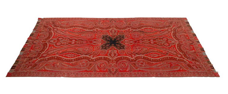 Vintage Paisley Textile: Large Vintage Paisley Textile, embroidered in tones of red, blue, black, green, and cream. 124" L x 61" W. Provenance: From a New York City Collection. Keywords: Fabric Art, Tapestry, Blanket, Scarf,