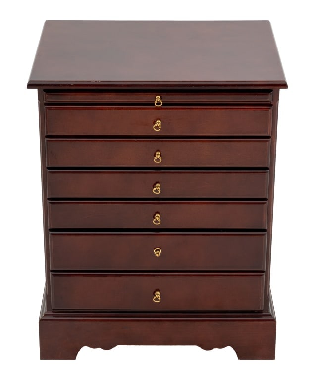 Neoclassical Style Mahogany Music Sheet Chest: Neoclassical Style Mahogany Music Sheet Chest, with top drawer flat file above three drawers with eight brass ring handles, "Bombay Company" label to the reverse. 29.25" H x 19.75" W x 15" D. Provenan