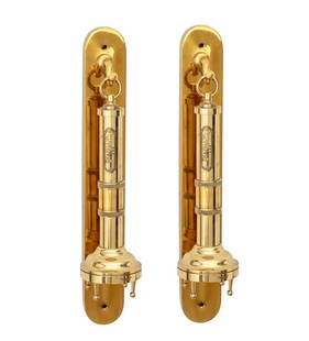 Chapman Mid-Century Modern Brass Flashlights, Pair: Pair of Chapman Mid-Century Modern Brass Wall-Mounted Flashlights, with brass wall brackets and "Chapman / Avon Massachusetts 02322, U.S.A." plaque to handle. 18.5" H x 3.75" W x 5" D (including brack