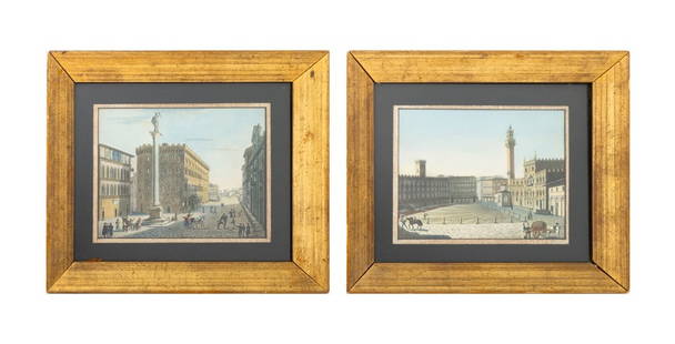 After Guiseppe Pera Hand-Colored Lithographs, Pair: After Guiseppe Pera (Italian, 1791-1823), Pair of Hand-Colored Lithographs, late 19th century, comprising: "Palazzo Publico" and "Piazza Santa Trinita", apparently unsigned, each in giltwood frame. Im