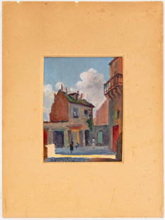 Natale Pollastrini Street Scene Oil on Board: Natale Pollastrini (Italian, 1902-1996), Village Street Scene, Oil on Board, signed lower left, unframed. Image: 4.5" H x 3.25" W; mat: 9.25" H x 7" W. Provenance: From a New York City Collection. Key