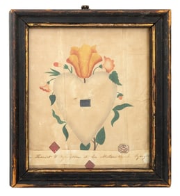 English School Heart and Flowers Gouache, 19th C.