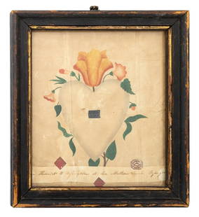 English School Heart and Flowers Gouache, 19th C.: English School, Heart and Flowers, Gouache on Paper, 19th century, inscribed "From Harriet H. Byington to her Mother Sarah Byington", with antique stickers, ebonized wood frame. Image: 7" H x 6" W; fr