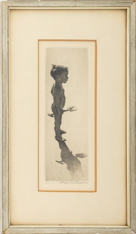 German School Boy Holding Shovel Engraving: German School, Nude Boy Holding Shovel, Engraving, illegibly signed in pencil lower right, white wood frame. Image: 5.5" H x 1.75" W; frame: 9.5" H x 5.5" W x 0.5" D. Provenance: From a New York City