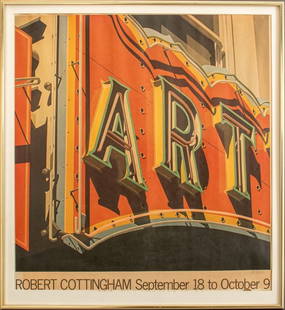 Robert Cottingham Art (Red) Signed Poster: Robert Cottingham (American, b. 1935), Art (Red), Offset Lithograph Exhibition Poster, circa 1992, signed in pencil lower right, silver-tone frame. Image: 22.75" H x 21" W; framed: 25" H x 23.25" W. P