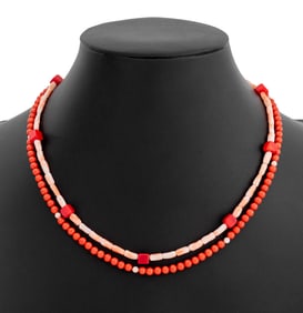 Red Coral & Angel Skin Silver Clasp Bead Necklace