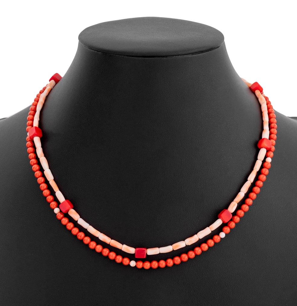 Red Coral & Angel Skin Silver Clasp Bead Necklace (1 of 7)