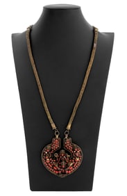 Sino-Tibetan Carved Coral-Tone Glass Necklace