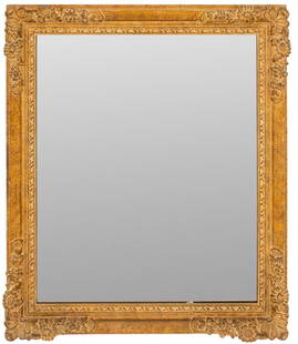 Rococo Style Giltwood Wall Mirror: Rococo Style Giltwood Wall Mirror, 20th century, with floral design to corners. 43.5" H x 36.25" W x 3.75" D. Provenance: From an East 52nd Street Estate. Keywords: Looking glass, Wall hanging, Vanity