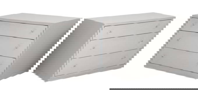 Contemporary Gray 3-Drawer Nightstands, Pair: Pair of Contemporary Gray Three-Drawer Nightstands, with silver-tone pulls. 24" H x 36" W x 17.5" D. Provenance: From a Greenwich Village Estate. Keywords: Modern Furniture, Chest of drawers, Bedside