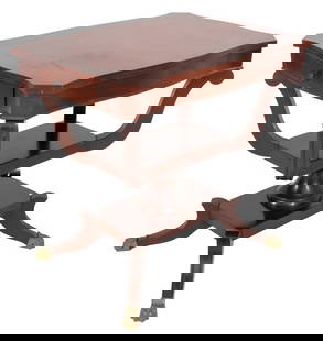 Eclectic Style Inlaid Mahogany Side Table: Eclectic Style Inlaid Mahogany Side Table, with Victorian, Federal, and Mid-Century elements, shaped canted rectangular top above a cage-form support on splay feet terminating in lions' paw casters. 2