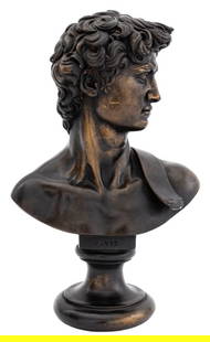 Austin Productions Chalkware Bust of David: Austin Productions Chalkware Bust of David, 1966, painted to appear as patinated bronze, marked "David" to front plaque, signed "C. Austin Prod. 1966" beneath shoulder. 12.75" H x 8.5" W x 5" D. Prove
