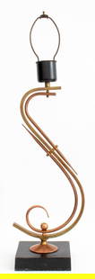 Mid-Century Brass and Copper Scroll Form Lamp: Mid-Century Brass and Copper Scroll Form Table Lamp on square ebonized plinth. 30" H x 8" W x 8" D. Provenance: From a TriBeCa Estate. Keywords: Mid-Century Modern, MCM, Lighting, Accent lamp, Sculptu