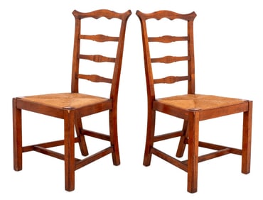 French Provincial Walnut Rush Seat Chairs, Pair