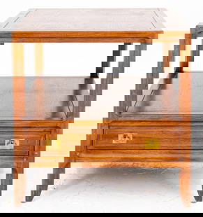 Mastercraft Mid-Century Modern Wood Side Table: Mastercraft Mid-Century Modern Wood Side Table, with parquetry top above lower tier with single drawer, hinged brass tab pulls above canted feet, marked "Mastercraft Furniture Co. / Grand Rapids, Mich