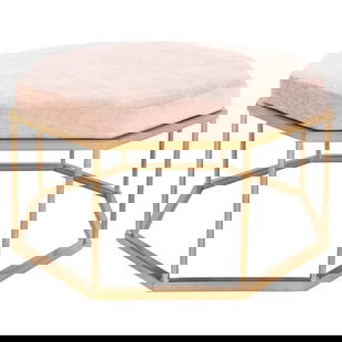 West Elm Pink Velvet Covered Octagonal Ottoman: West Elm Pink Velvet Covered Octagonal Ottoman, raised on gilt metal base, label to underside. 15.5" H x 26" W x 26" D. Provenance: From an Upper East Side Private Collection. Keywords: Modern Furnitu