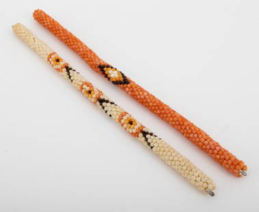 Tahitian Polychrome Shell Hei Necklaces, 2: Group of Two Tahitian Polychrome Momi Shell Hei Necklaces,white and orange with geometric patterns made with different color shells. 15.25" L x .75" W. Provenance: From a New York City Collection.