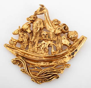 Erwin Pearl Gold-Tone Metal Noah's Ark Brooch: Erwin Pearl Gold-Tone Metal Noah's Ark Brooch, marked "Erwin Pearl" to verso. 4" H x 4.25" W. Provenance: From a New York City Collection. Keywords: Designer, Statement piece, Jewelry, Costume