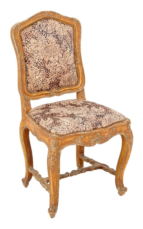 Louis XV Style Painted Side Chair: Louis XV Style Painted Side Chair, with animal print and floral upholstery. 38" H x 20" W x 16.5" D; seat: 19.5" H. Provenance: From a 35 East 75th Street Estate. Keywords: European Furniture, Seating