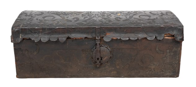 Spanish Gothic Revival Leather Wood Chest, 19th C.