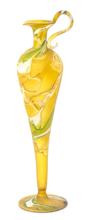 Art Nouveau Verre Marbre Ewer, circa 1880: Art Nouveau Verre Marbre Ewer, circa 1880s, possibly German or Bohemian, of typical form with high handle, flared lip and spout with tapering cylindrical body on square foot, in soft green verre irise