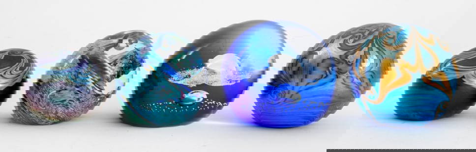 Studio Art Glass Paperweights, 4: Group of Four Studio Art Glass Paperweights, 20th century, one signed, dated, and numbered "Vandermark / #81 / 1979" to underside, an iridescent Nick Del Matto paperweight signed and dated "1981", one