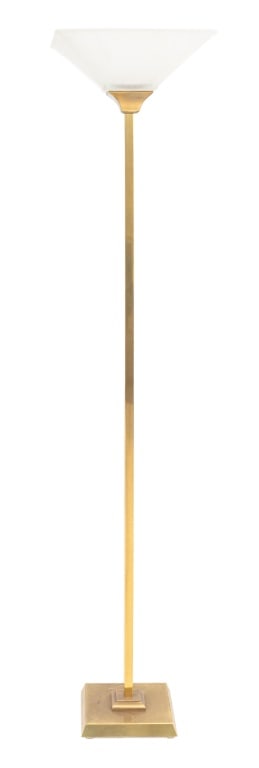 Frederick Cooper Brass Floor Lamp: Frederick Cooper Brass Floor Lamp, with frosted glass square shade. 66" H x 14.5" W x 14.5" D. Provenance: From a 57th Street Estate. Keywords: Lighting, Standing lamp, Torchiere, Torchere, Vintage, M