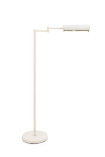 Modern White Patinated Metal Swing-Arm Floor Lamp: Modern White Patinated Metal Swing-Arm Floor Lamp, with cylinder form shade and circular base. Fully extended: 42.5" H x 22.5" W x 9.5" D. Provenance: From a 5th Avenue Estate. Keywords: Lighting, Sta