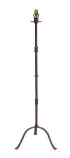 Arts and Crafts Style Cast Iron Floor Lamp: Arts and Crafts Style Cast Iron Floor Lamp, tripod base. 50.5" H x 15.5" W x 14" D. Provenance: From an Upper East Side Collection. Keywords: Lighting, Standing lamp, Torchiere, Antique, Early America
