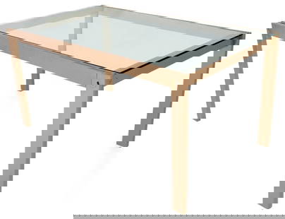 Modern Glass Inset Enameled Metal Dining Table: Modern Glass Inset Enameled Metal Dining Table. 29" H x 60" W x 35" D. Provenance: Property from a 333 E 69th Street Estate. Keywords: Modern Furniture, Modernist, Modernism, Design Within Reach, Glas