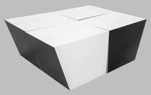 Postmodern Black & White Lacquered End Tables, 4: Group of Four Postmodern Black and White Lacquered Wood End Tables, multiple configurations forming a coffee table when joined together. Each: 15" H x 20" W x 15" D. Provenance: From a New York City C